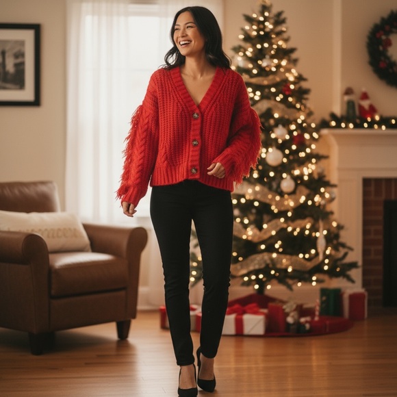 day & moon Sweaters - DAY & MOON Red knit fringe sleeve cardigan S M L